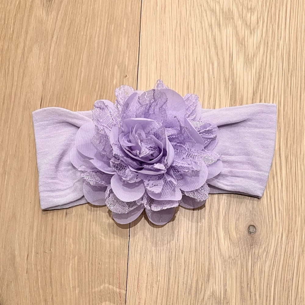 Baby Bling Lace & Chiffon Ruffle Flower Bow Wide Headband Hairband Wrap Purple